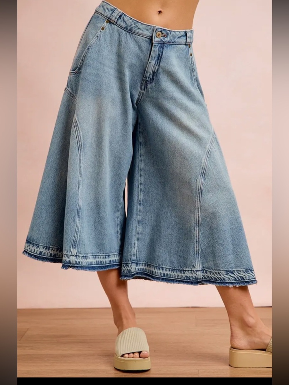 670. Mid rise paneled wide leg denim culotte shorts by BIBI